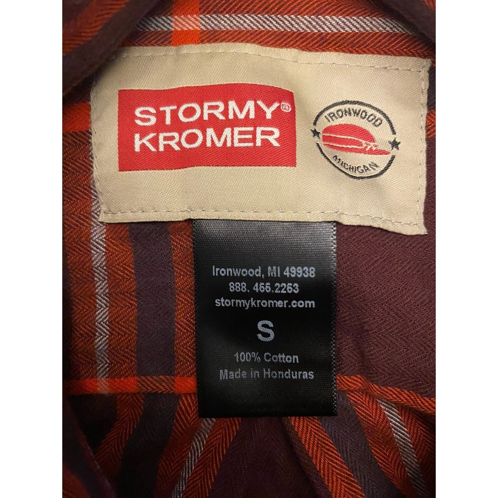 Stormy Kromer Womens Small Flannel Shirt Plaid Orange Brown 1903 Logo Button - Picture 2 of 8